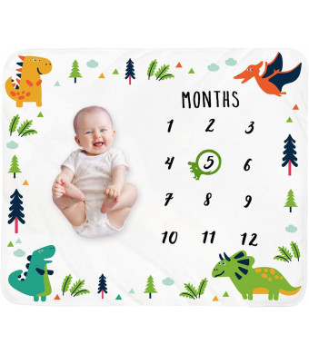 Tebaby Baby Monthly Milestone Blanket Boy - Dinosaur Neutral Newborn Month Blanket for Boy and Girl Personalized Shower Gift Soft Plush Fleece Photography Background Prop with Frame Large 47''x40''