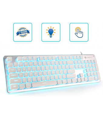 LED Computer Keyboard, LANGTU USB Wired Keyboard for Gaming and Office, All-Metal Panel 104 Keys Quiet Membrane Keyboard with Blue Backlit - L2 White/Silver
