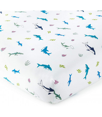 Wildkin 100% Cotton Fitted Crib Sheet,Super Soft and Breathable Cotton Material,Certified Oeko-TEX Standard 100,Measures 28 x 52 Inches,8 Inches Depth,BPA-Free, Olive Kids (Shark Attack)