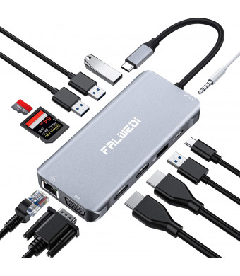 Falwedi Triple Display 12 in 1 USB C Hub with 2 HDMI and VGA, PD3.0, Ethernet, SD TF Card Reader, 4 USB Port, Mic/Audio, Type C Adapter Docking Station Compatible for MacBook Air Pro and More