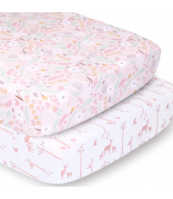 The Peanutshell Crib Sheet Set for Baby Girls | Pink Floral and Woodland Whimsy | 2 Pack Set