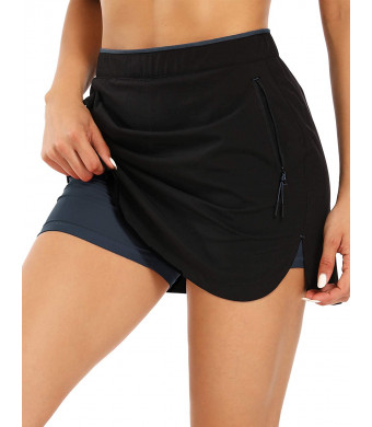 FIRST WAY Women's Athletic Tennis Skirt with Built-in Shorts Side Pockets Mid Waisted Workout Training Golf Running Skorts