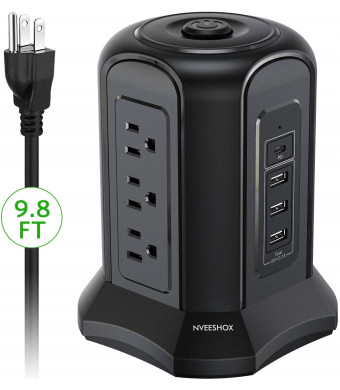 NVEESHOX Power Strip Tower Surge Protector, 9 AC Outlets, 3 USB Ports, One Type C USB Charging Port, 9.8ft Heavy Duty Power Cale for Office, Home, Cafe, Shop, Restaurant
