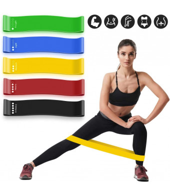 MMIZOO Resistance Loop Exercise Bands Set of 5 Fitness Bands Perfect for Legs and Butt Yoga Crossfit Strength Training Pilates with Instruction Guide, Carry Bag