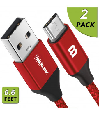Micro USB Cable Android, BrexLink Micro USB to USB 2.0 Cable (2-Pack, 6.6 Feet) Nylon Braided Sync and Fast Charging Cable for Samsung, Kindle, Android Smartphones, Galaxy S7 Edge, Moto G5, PS4 (Red)
