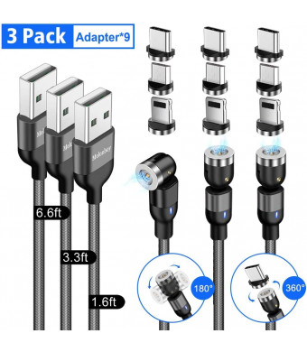 Magnetic Charging Cable(3-Pack, 1.6ft/3.3ft/6.6ft), Melonboy 360and180 Rotation Magnetic Phone Charger Cable, 3 in 1 Nylon Braided Magnetic Cable Compatible with Micro USB, Type C and iProduct - Black