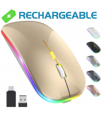 Upgrade LED Wireless Mouse, Rechargeable Slim Silent Mouse 2.4G Portable Mobile Optical Office Mouse with USB and Type-c Receiver, 3 Adjustable DPI for Notebook, PC, Laptop, Computer, MacBook (Gold)
