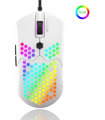 EQEOVGA D10 RGB Wired Lightweight Gaming Mouse Honeycomb Mouse PAW3325 12000 DPI Optical Sensor, with Lightweight Honeycomb Shell Ultralight Ultraweave Cable (65G)-White