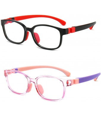 Blue Light Glasses Kids, Blue Light Blocking Glasses for Kids Transparent Frame TR90 Flexible Strap Anti-Eyestrain Headache and UV Glare 2 Pack Age 3-12 (Transparent Pink+Black Red)