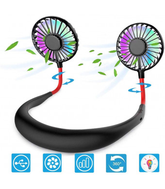 USB Neck Hanging Fan Personal Hands-Free Fan Neckband Fan - Rechargeable 2000mAh/Colorful LED/3 Speeds/360 Degree Headphone Design for Home, Sport, Camping, Beach, Travel, Office - Black