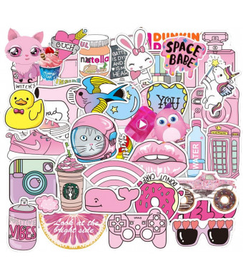 Cute Vsco Water Bottle Stickers for Laptop Teen Girls, Pink Vinyl Decal Waterproof Guitar Phone Case Adults Sticker Pack for Suitcases Computer Skateboard Luggage 50pcs....