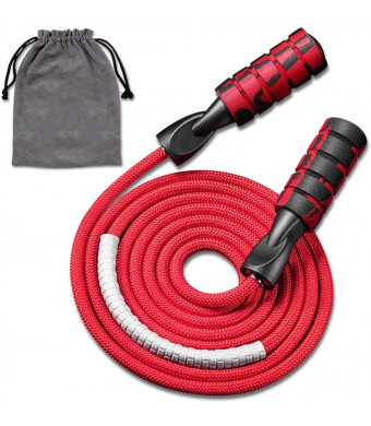 Redify Weighted Jump Rope Workout Fitness - Tangle-Free Double Ball Bearings Rapid Speed Skipping Rope, Soft Foam Handles, Adjustable Length Fabric Cotton Exercise Rope for Women, Men, Kids Training