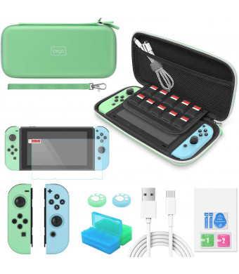 Switch Accessories Bundle - YUANHOT Essential Kit for Nintendo Switch with Carrying Storage Case, Screen Protector, Joy-Con Protective Cover, Games Holder, Thumb Grip Pack and USB C Cable  Green