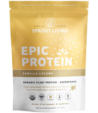 Sprout Living Epic Protein Powder, Vanilla Lucuma Flavor, Organic Plant Protein, Gluten Free, No Additives, 19 Grams Clean Vegan Protein (1 Pound,13 Servings)