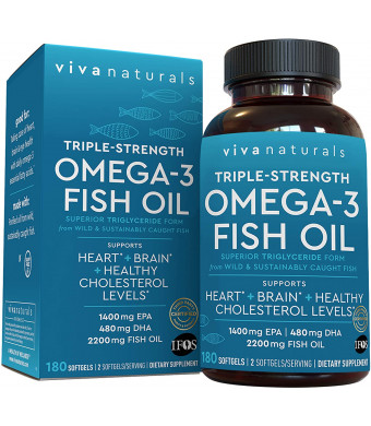 Viva Naturals Omega 3 Fish Oil Essential Fatty Acid Combinations, 180 capsules - Highly Concentrated Fish Oil Omega 3 Pills, Burpless, 2,200mg Fish Oil/serving (1400mg of EPA and 480 mg of DHA)