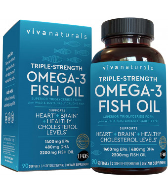 Fish Oil Omega 3 Supplement (90 Softgels) - 2,200mg EPA & DHA, Triple Strength Wild Triglyceride Omega 3 Fish Oil Supplements with No Fishy Burps