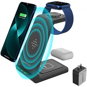 3 in 1 Wireless Charging Station for Multiple Devices Qi Wireless Certified - Apple Watch Charger 7,6,5,4,3,2 & AirPods Pro, iPhone13 12 11 Pro Max Xs X Xr 8 (with QC 3.0 Adapter)