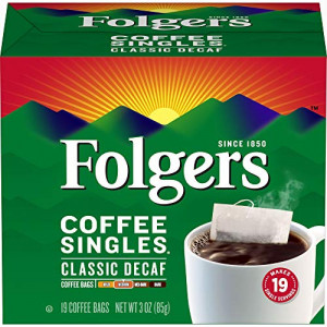 Folgers Coffee Singles Classic Decaf Medium Roast Coffee, 19 Single Serve Coffee Bags