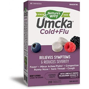 Nature's Way Umcka Cold+Flu, Fever, Sore Throat, Cough, and Congestion Relief, Non-Drowsy, Berry Flavored, 20 Chewable Tablets