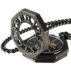 Carrie Hughes Men's Steampunk Vintage Railroad Octagon Skeleton Mechanical Pocket Watch with Chain Dad Gift CHPW02