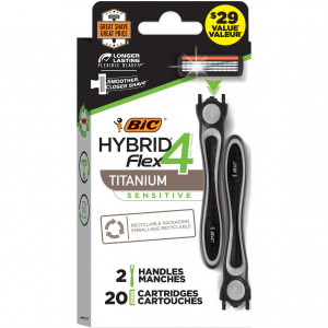 BIC Flex 4 Sensitive Hybrid Men's 4-Blade Disposable Razor, 2 Handles and 20 Cartridges, Smooth and Close Shave