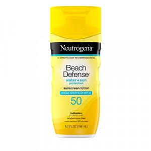 Neutrogena Beach Defense Water-Resistant Sunscreen Lotion with Broad Spectrum, Oil-Free and PABA-Free Oxybenzone-Free Sunscreen Lotion, UVA/UVB Sun Protection, SPF 50, 6.7 fl. oz