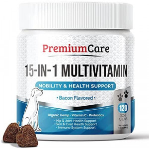 Premium Care 15-in-1 Dog Multivitamin Chews - Dog Vitamins and Supplements with Vitamin C, Probiotics and Omega 3 for Physical and Mental Wellbeing Support - 120 Multi-Vitamins for Seniors & Puppies