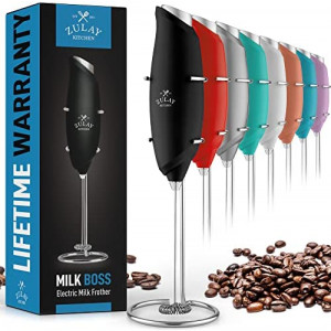 Zulay Kitchen Premium One-Touch Milk Frother for Coffee - Easy-Use Frother Handheld Foam Maker - Electric Whisk Drink Mixer for Cappuccino, Frappe, Matcha and Hot Chocolate (Black)