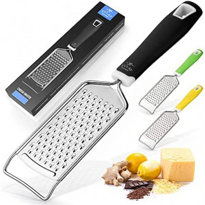 Zulay Kitchen Professional Cheese Grater Stainless Steel - Durable Rust-Proof Metal Lemon Zester Grater With Handle - Flat Handheld Grater For Cheese, Chocolate, Spices, And More - Black