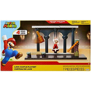SUPER MARIO Nintendo Lava Castle Deluxe Play Set, Includes: 2.5” Fire Mario Figure & Mechanical Features, Spinning Fireballs Tower, Swinging Pendulum, Bone Lift & Bridge
