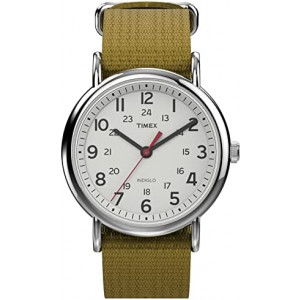 Timex Unisex Weekender 38mm Watch – Silver-Tone Case White Dial with Olive Fabric Slip-Thru Strap