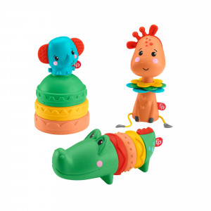 ?Fisher-Price Click, Clack and Stack Gift Set, 3 Animal-Themed Sensory Toys with Teethers for Infants Ages 6 Months and Older
