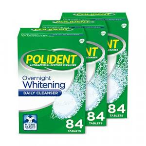 Polident Overnight Whitening Denture Cleaner Tablets, Effervescent Denture Cleanser Tablets - 84 Count (Pack of 3)