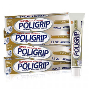Super Poligrip Extra Care Denture Adhesive Cream, Zinc Free Denture Cream - 2.2 Ounces (Pack of 4)