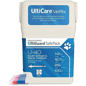 UltiCare VetRx U-40 UltiGuard Safe Pack Pet Insulin Syringes 1/2cc, 29G x 1/2", 100 ct (With 1/2 Unit Markings)