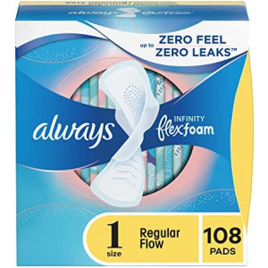 Always Infinity Feminine Pads for Women, Size 1, 108 Count, Regular Absorbency, with Wings, Unscented (36 Count, Pack of 3 - 108 Count Total)