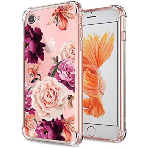 iPhone 7 8 SE 2020 Case Clear with Cute Flowers Design Shockproof Bumper Protective Cell Phone Back Cover for Girls Women Flexible Slim Fit Pink Rose Floral for Apple iPhone 7 iPhone 8 iPhone SE 2020