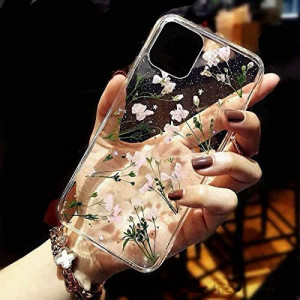 Compatible with iPhone 11 Flower Case, Feibili Soft Clear Flexible Rubber Pressed Dry Real Flowers Case Girls Glitter Floral Cover for iPhone 11(Pink)