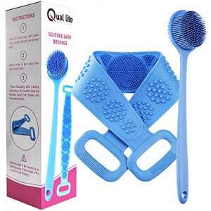 Silicone Back Scrubber Set Two Sided - Soft Scrubbing Pad with Soft and Coarse Bristles for Gentle Skin Exfoliation and Massage - Long Silicone Bath Brush with Handles