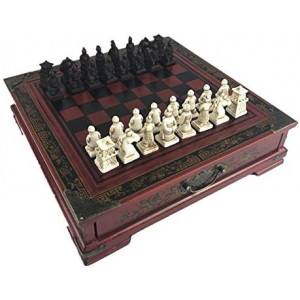 Ireav Retro Terracotta Warriors Chess Set for Kids and Adults Classic Family Chess Board Game with Folding Wooden Chessboard 3D Resin Chess Pieces and Storage Slots (10.23×10.23 inch)