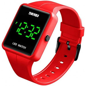 Simple Men Women Sports LED Digital Big Display Waterproof Date PU Strap Square Electronic Couple Watch (Red)