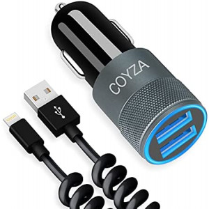 COYZA Fast Car Charger Adapter, Compatible with iPhone 13/12/11/Pro Max/Pro/Mini/X/XS/XS MAX/XR/SE 2020/8 Plus/8/7 Plus/7/6s/6/5/SE, 3.1A Dual USB Ports with Coiled Charging Cable Cord