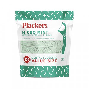 Plackers Micro Mint Dental Flossers, Fresh Mint Flavor, Fold-Out Toothpick, Super Tuffloss, Easy Storage with Sure-Zip Seal, 300 Count (Pack of 1)
