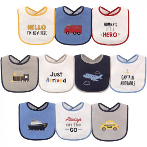 Luvable Friends Baby Boy Cotton Terry Drooler Bibs with PEVA Back 10pk, Transportation, One Size