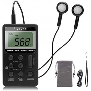 Pocket Small Radio by Flyoukki, Personal Mini AM FM Portable Digital Tuning Transistor Radios with Best Reception, Earphones, Lanyard and Rechargeable Battery for Walking Jogging Exercising (Black)