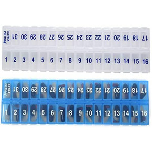 AM PM 31 Day Once-a Day Monthly Pill Planner Organizers - Large Compartment Pill Boxes Store Medications for Entire Month Plus Compartment for Extra Pills (AM/PM Clear & Blue) BPA Free