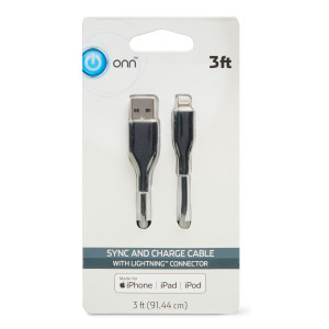 onn. Sync & Charge Cable with Lightning Connector, Black, 3'