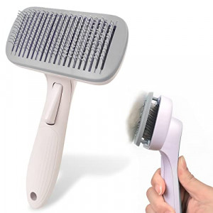 PETDOM Self Cleaning Slicker Brush with Cover - Cat Dog Grooming Brush for Shedding - Gently Remove Loose Undercoat, Mats & Tangled Hair (Gray)