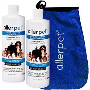 Allerpet Single Solution 16 fl oz Bottle Dander Remover for Pets (2 Pack) - Relieves Allergies - Bonus Mitt to Easily Apply Solution to Your Pet