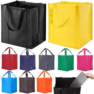 10 Pack Reusable Reinforced Handle Grocery Bags - Heavy Duty Large Shopping Totes with Thick Plastic Bottom can hold 40 lbs